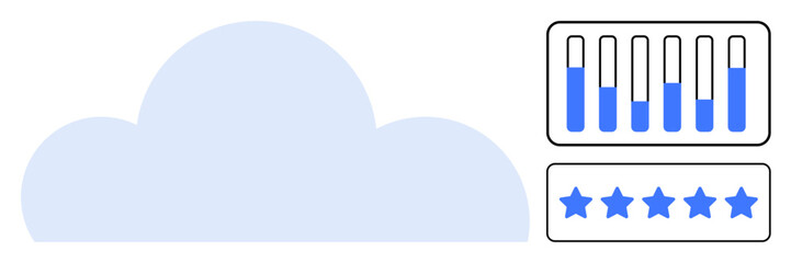 Cloud symbol, data analytics graph with blue bars, and star rating panel. Ideal for cloud technology, performance metrics, user feedback, data analysis, digital services, SaaS simple landing page