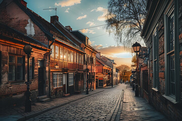 Charming Sunset Cobblestone Street

