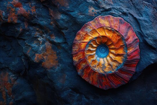 Striking close-up of a fossilized ammonite with orange, red, and blue hues, contrasting against a dark, textured rock formation in a detailed composition.