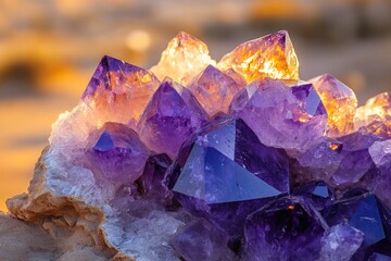 Obraz premium Amethyst crystal cluster with purple and golden hues, showcasing intricate geometric formations against a soft, blurred background.