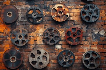 Fototapeta premium Vintage film reels adorn an aged brick wall, evoking nostalgia for classic cinema and retro aesthetics.