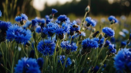 Vibrant blue wildflowers in a meadow at sunset.  Buzzing bees