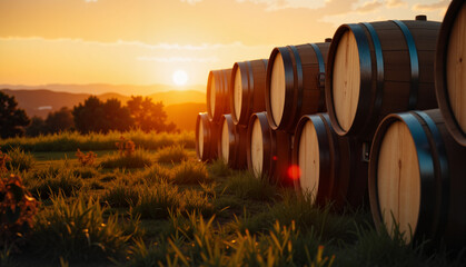 Barrels of wine arranged on grassy hillside at sunset, warm golden tones creating an inviting vineyard atmosphere, concept of wine country tours or winery