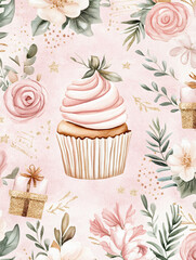 Cupcake Flowers Pink Pastry Dessert Celebration Elegant Floral Party Sugar Indulgence Cute Delicious Gourmet Rose Greenery Holiday Bakery Culinary Art Joy Event Chic Vibrant Romance