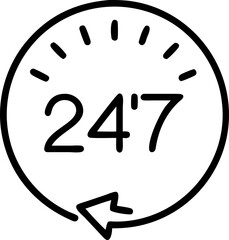 24/7 service, customer support availability, thin line vector icon with transparent background