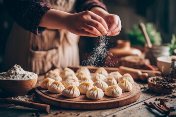 In a warm, rustic kitchen, hands sprinkle flour over a tray of dumplings, surrounded by wooden utensils and bowls of spices, creating a delightful culinary experience