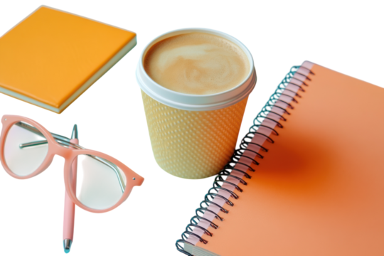 A calming workspace with coffee notebooks and glasses pastel colors flatlay vibrant cheerful desk