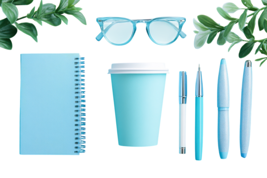 Serene blue workspace Notebook pens coffee glasses plants Calm productive atmosphere