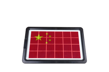 A portable solar panel featuring the red and yellow flag of China, presented on a clean transparent background. The concept of alternative energy development in China