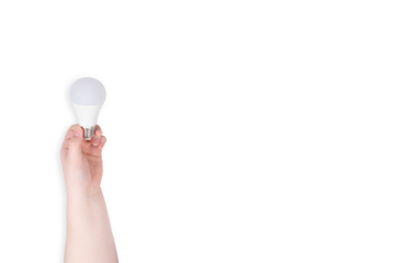 A human hand holds a modern white LED light bulb upwards on a transparent background, symbolizing ideas or energy efficiency
