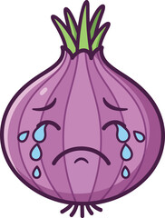 Sad purple onion cartoon character crying with tears expressive face vector illustration 