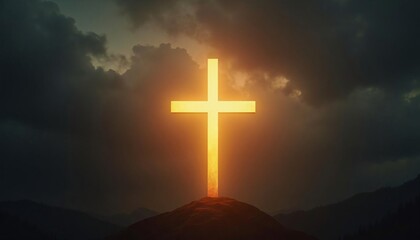 Glowing Christian cross on hilltop at sunset with dramatic sky. Easter, Good Friday symbol. Hope and faith concept for religious greeting card or church banner.