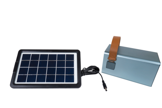 A portable solar panel connected to a large power bank, providing off grid renewable energy on a transparent background