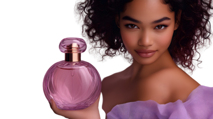 Woman holding perfume bottle beauty fragrance cosmetic product glamour fashion purple pi