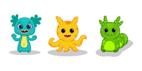Big set of cartoon monsters. Cute monsters. Kids funny character design for posters, cards., magazins. Vector illustration
