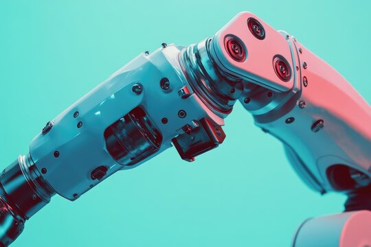 Close-up of a robotic arm, showcasing its intricate mechanical details and smooth white surfaces against a teal background with pink hues.