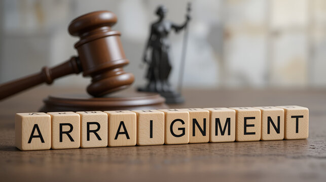 Word ARRAIGNMENT composed of wooden dices. Wooden gavel and statue of Themis in the background.