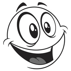 Smiling Cartoon Face with Big Eyes, Eyebrows, and Open Mouth in Black and White