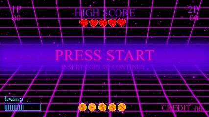 PRESS START. insert coin to continue. pixel art 8-bit game retro game. Retro Futurism Sci-Fi Background. glowing neon grid and star from vintage arcade computer .. - Powered by Adobe