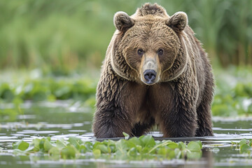 Fototapeta premium Witness the majestic presence of a magnificent brown bear in a lush swamp, where its strength, graceful movements, and seamless connection with the water come together to form a breathtaking and awe i