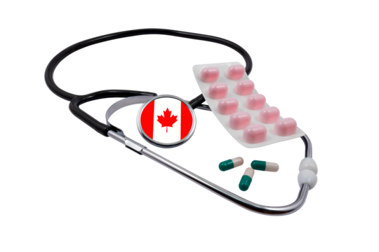 Medical stethoscope with a head in the shape of the flag of Canada and pills on a transparent background. Canada's healthcare system concept