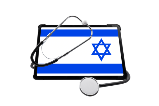 Tablet PC with Israel flag on screen and medical stethoscope on transparent background. Concept of medical diagnostics and healthcare system in Israel