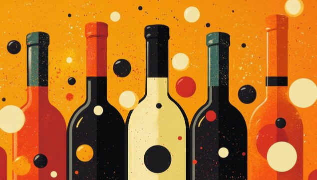 Abstract wine bottles with bubbles, vector illustration in the style of retro style, orange background, geometric shapes and patterns, bright colors Generative AI