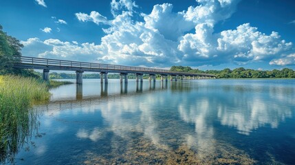 Tranquil lake scene with bridge