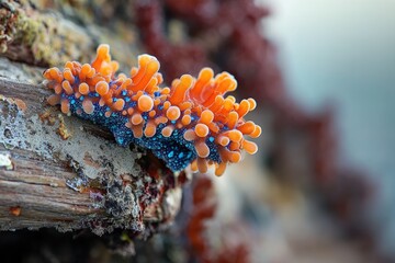 Close-up of a vibrant orange and blue coral formation growing on a weathered, textured surface with blurred background.