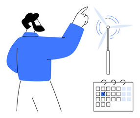 Man pointing at rotating wind turbine above marked calendar, emphasizing sustainable energy deadlines. Ideal for renewable energy, future goals, planning, scheduling, eco-innovation, sustainability