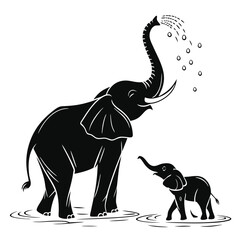 Black Silhouette Mother Elephant with Baby, Trunk Up, Water Play, Joyful Moment