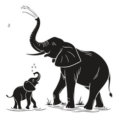 Silhouette Mother Elephant Spraying Water with Baby in Shallow Water