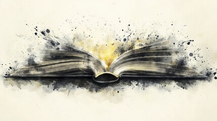 Open book resting horizontally with dynamic watercolor ink wash elements, perfect for literary projects
