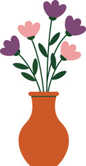 Floral bouquet with purple and pink flowers in terracotta vase vector illustration for home decoration and gift ideas 