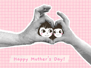 Cute Mother's Day Vector Collage with Mom and Child Faces in A Heart Shape, Halftone Cute Modern Illustration Background