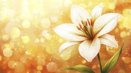 Fototapeta premium Elegance of White Lily Blossom Against Golden Bokeh Light, Celebrating Floral Harmony and Timeless Beauty with Painterly Strokes