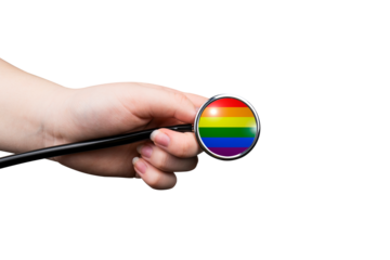 The head of a medical stethoscope in the form of a rainbow flag (LGBT) in a hand (close-up), isolated on a transparent background. LGBT healthcare. Gay, lesbian, bisexual and transgender rights