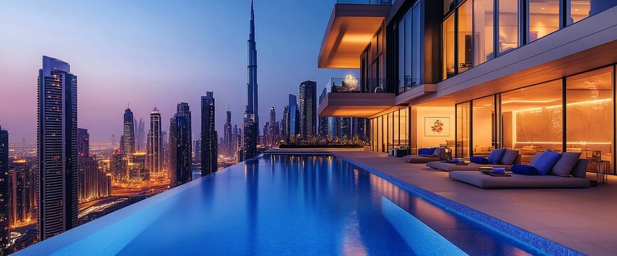 Elegant rooftop infinity pool overlooking the Dubai city skyline at twilight