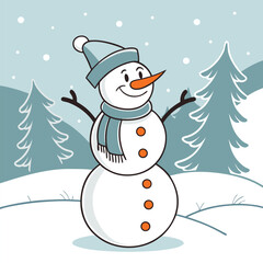 Minimalist Snowman in Snow, Flat Style Seasonal Clipart.