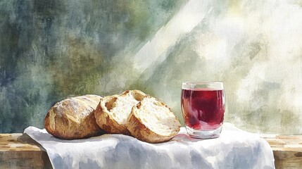 Watercolor Still Life Featuring Fresh Loaf of Bread with Slices and a Glass of Red Liquid on a White Tablecloth