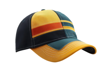 Stylish multicolor baseball cap vibrant yellow navy teal red stripes textured fabric perfect summer