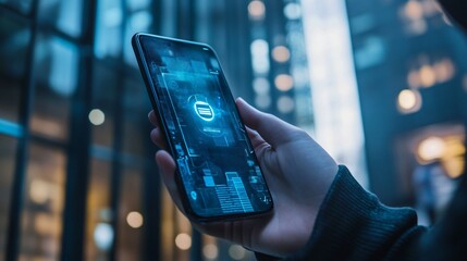 Modern smartphone displaying futuristic interface in urban setting.