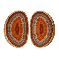 Intricate patterns and vibrant hues displayed in the cross-section of two beautiful natural stone halves.
