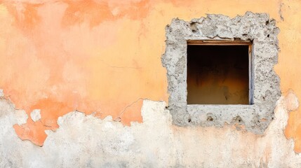 Weathered orange and white wall with a rough, empty square window opening