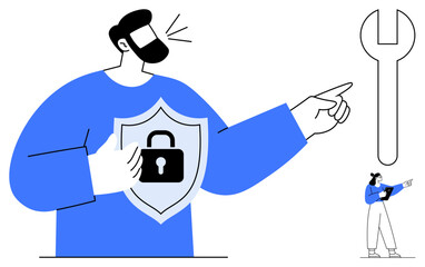 Man with lock shield pointing at wrench, woman observing with tablet. Ideal for cybersecurity, protection, IT support, teamwork, technology, risk management, simple landing page