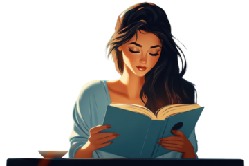 Serene woman engrossed in book cozy night warm lights teal book soft hues peaceful scene