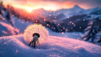 Sunset illuminates a dandelion seed head in snowy mountains