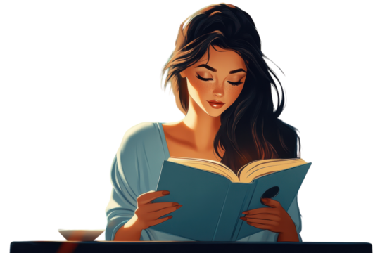 Serene woman engrossed in book cozy night warm lights teal book soft hues peaceful scene
