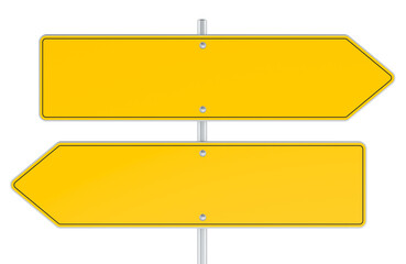 Obraz premium Two empty yellow traffic road sign arrows, opposite traffic signs, 3D rendering isolated on transparent background
