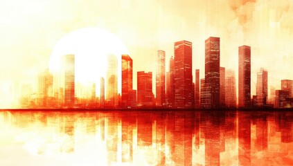 Fototapeta premium Fiery city skyline reflected in water at sunset